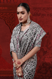 Grey Meenakari Mulberry Silk Ready to Wear Pocket Bandhani Saree