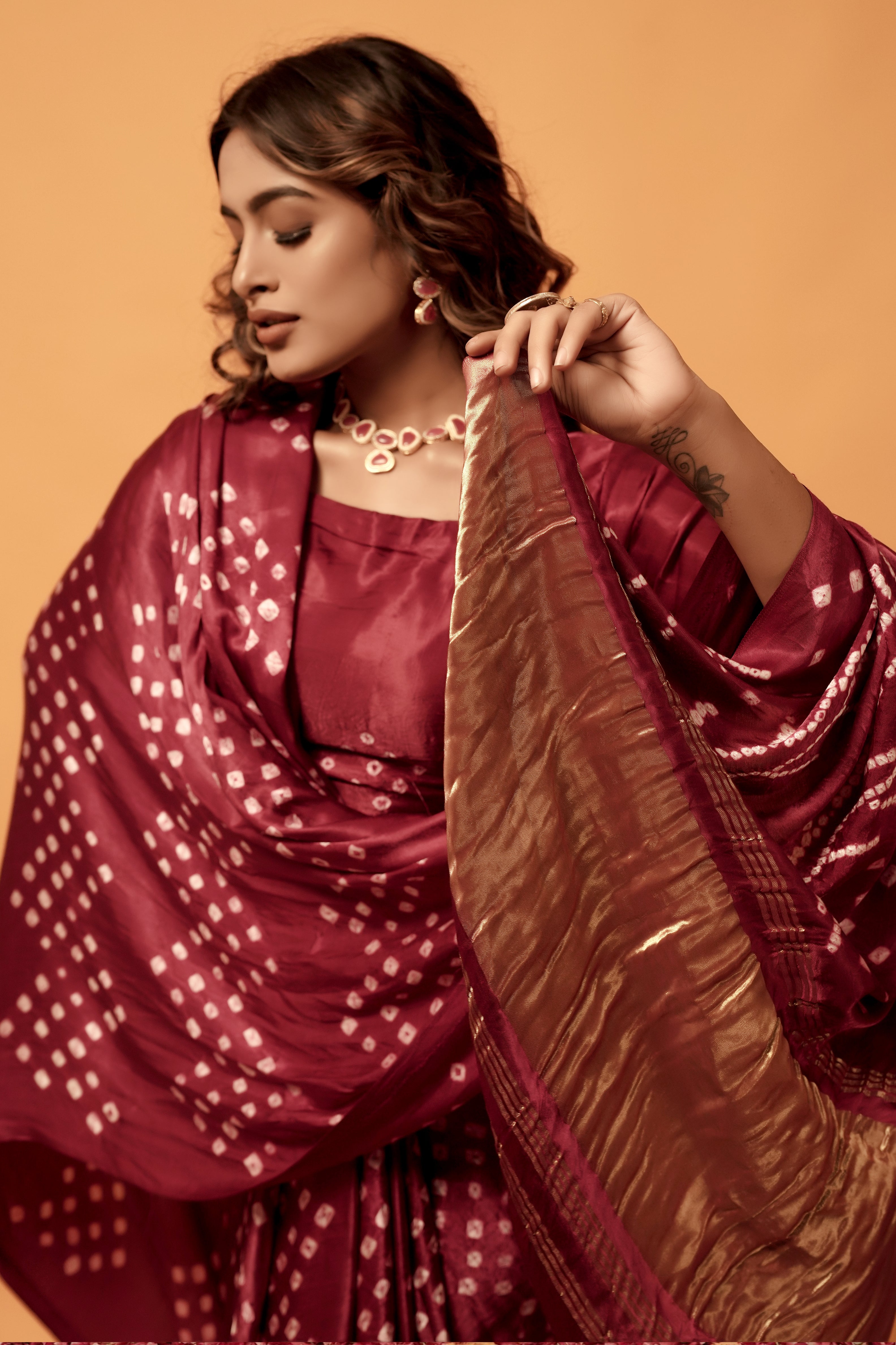 Maroon Morpankh Gajji Silk Ready to Wear Pocket Bandhani Saree