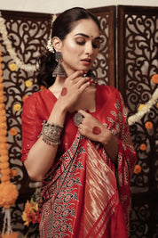 Red Ajrakh Gajji Silk Ready to Wear Pocket Bandhani Saree