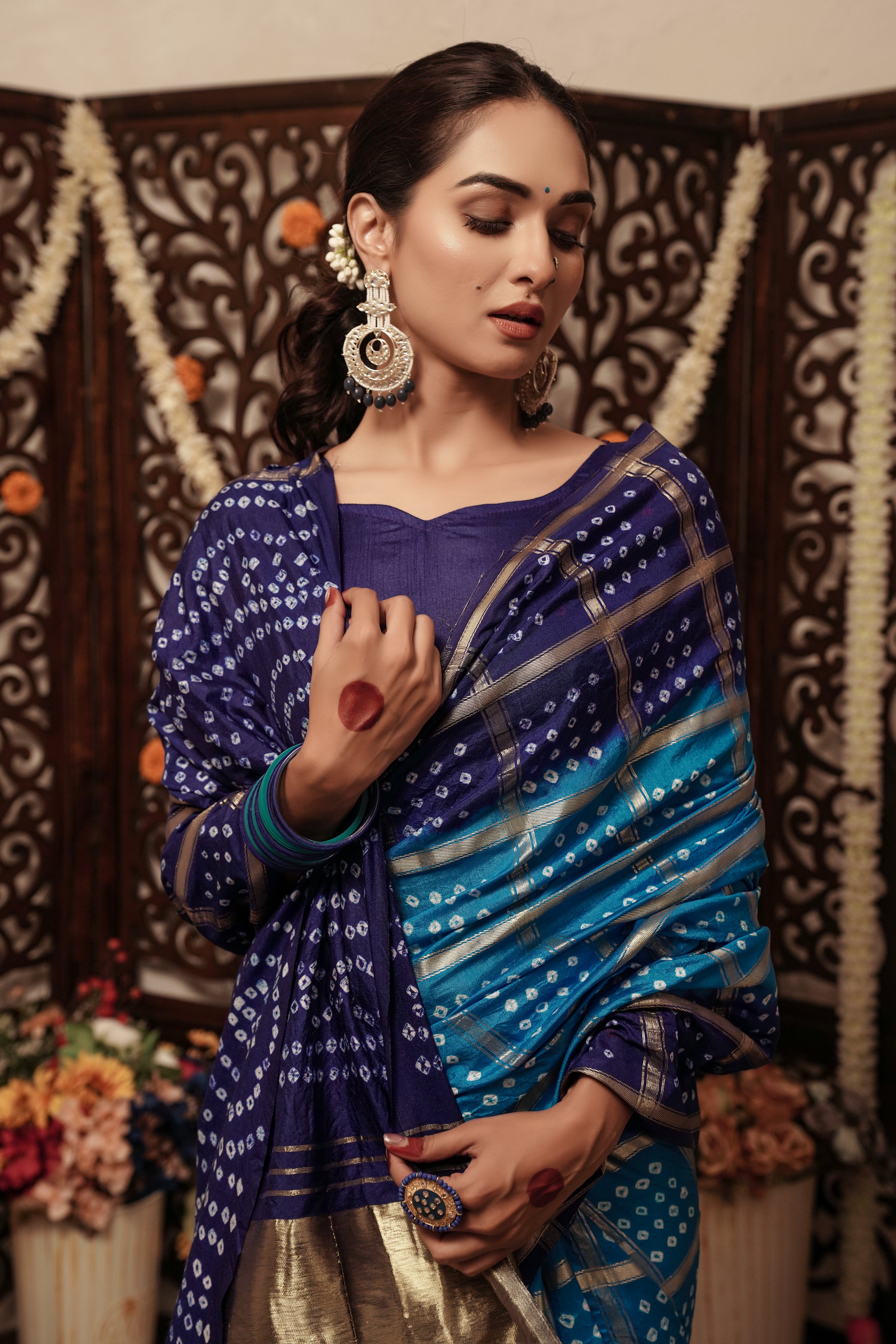 Firozi Dola Silk Ready to Wear Pocket Bandhani Saree
