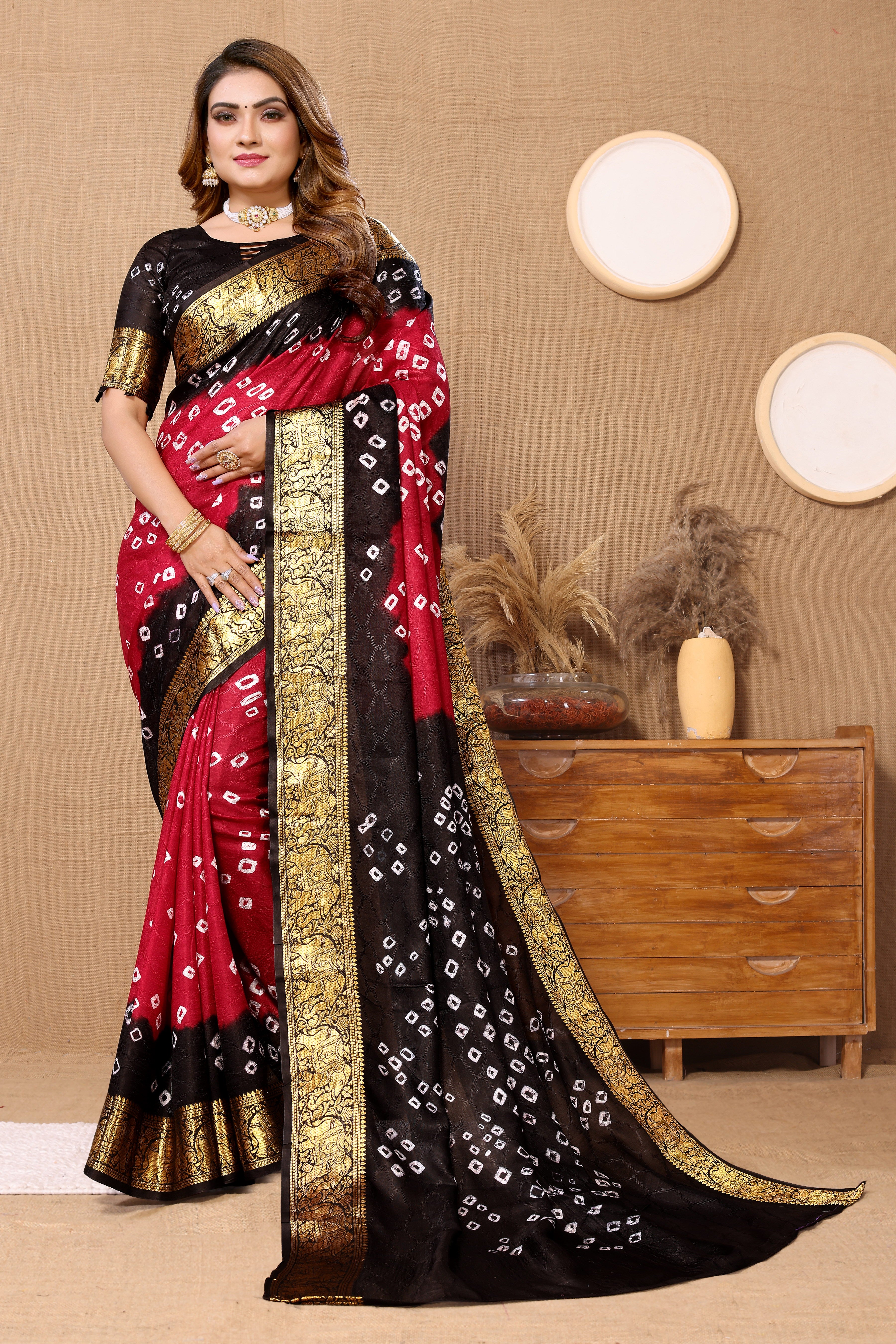 Elegant Rose Red Jaquard Silk Bandhani Saree