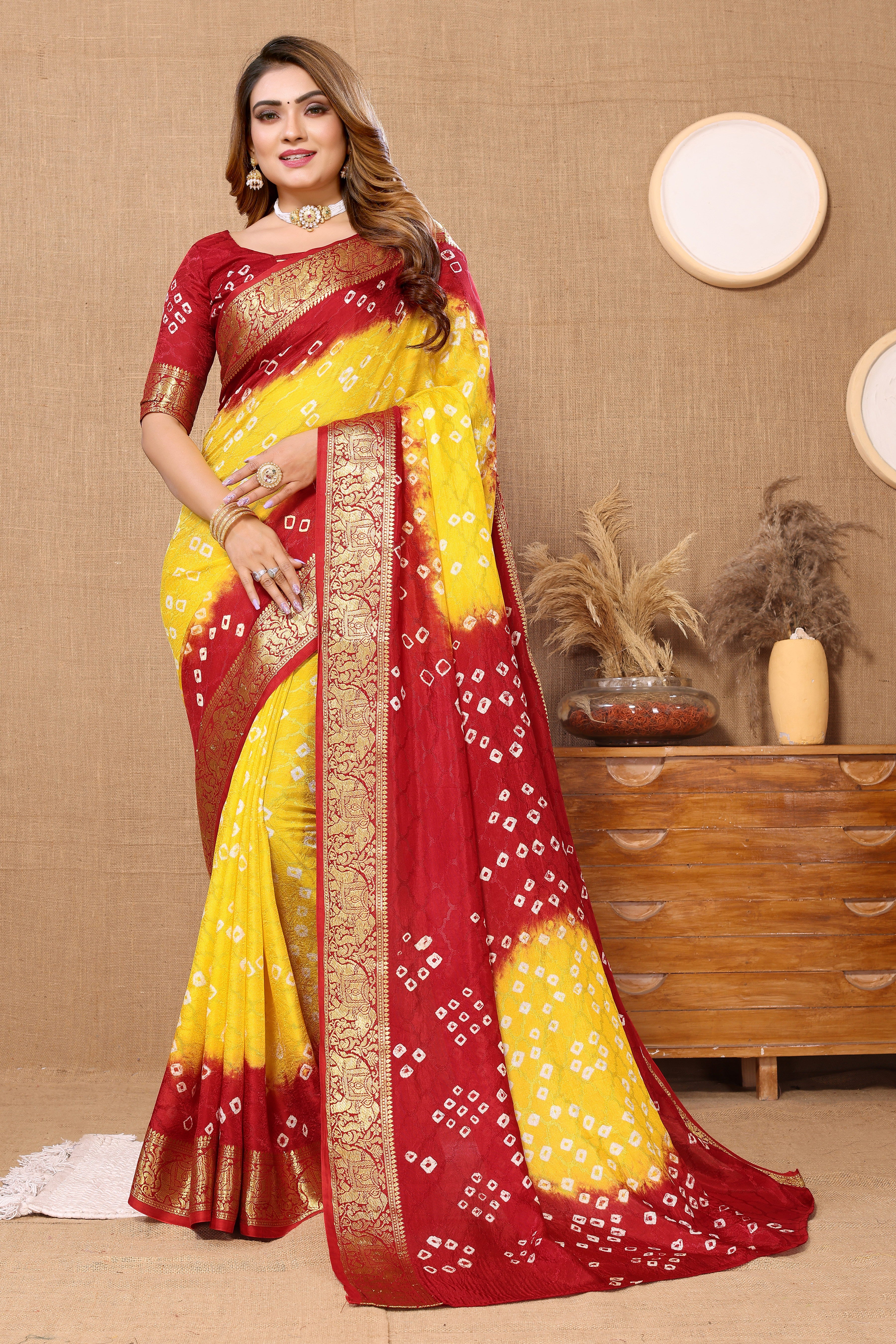 Daffodil Yellow Jaquard Silk Bandhani Saree